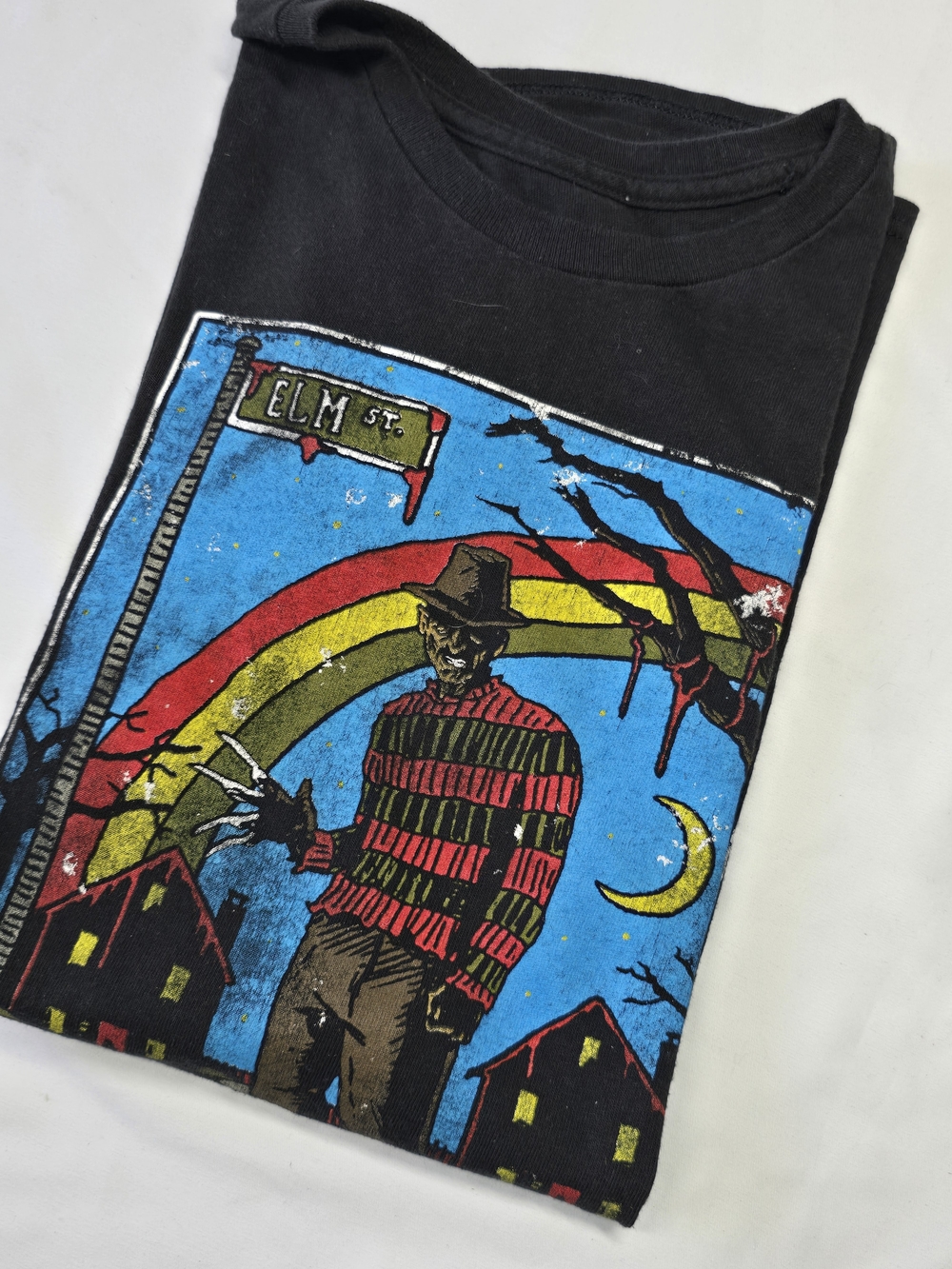 Black Graphic Men’s T-Shirt with Red & Black Striped Horror Print